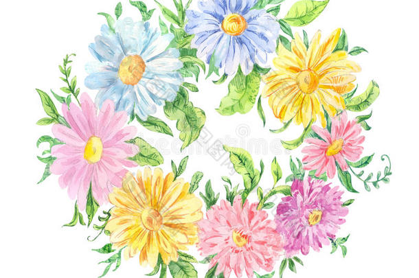 水彩绘画.花环关于粉红色的,蓝色和黄色的花