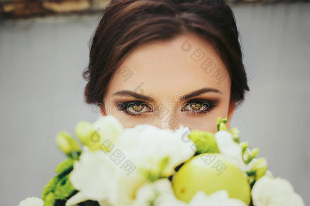 黑头发的妇女新娘和魔法绿色的眼睛相貌越过一绿色的婚礼