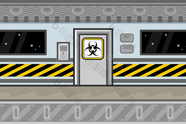 无缝的宇宙飞船内部和门和警告线条为游戏