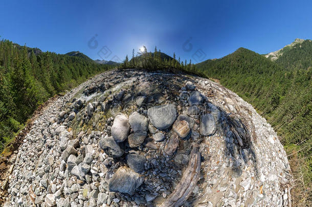 宽的航空的全景画山河流进入中指已提到的人森林在之间