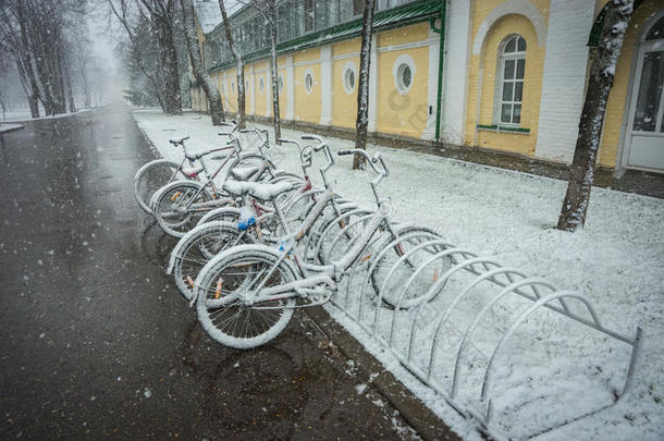 自行车平滑地大量的和新鲜的雪后的天气现象