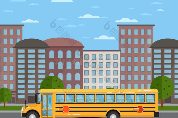 黄色的学校公共汽车向路采用都市的风景