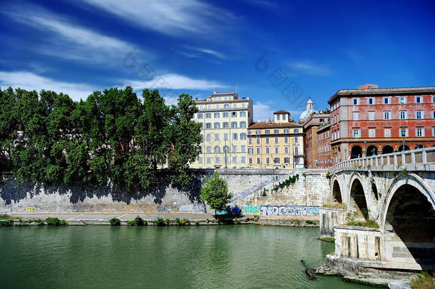 实心挑料杆宽大衬衫桥和罗马城市风光照片,拉齐奥区,意大利
