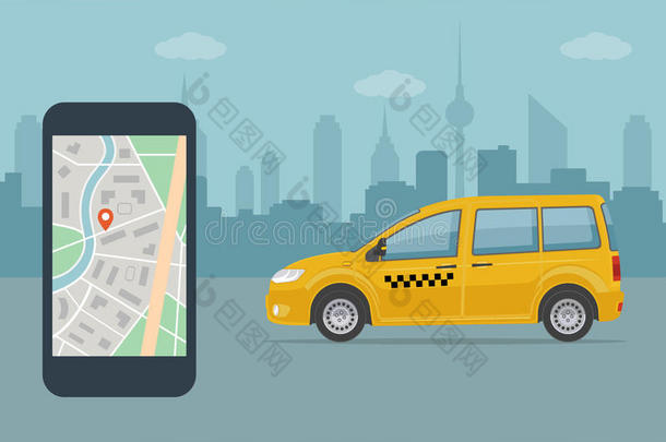 出租车出租车和可移动的电话和地图向城市背景.