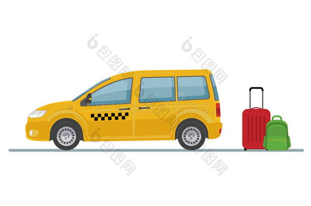 出租车汽车和行李隔离的向白色的背景.