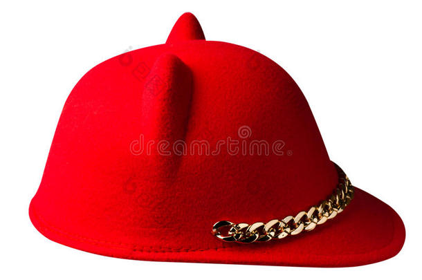 一种浅顶软呢帽帽子.帽子隔离的向白色的背景.红色的帽子