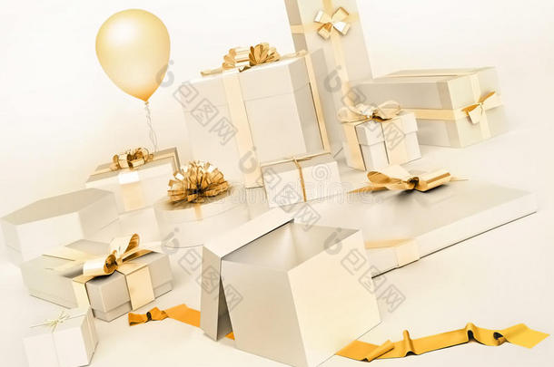 白色的礼物盒和金色的弓,气球隔离的向白色的波黑