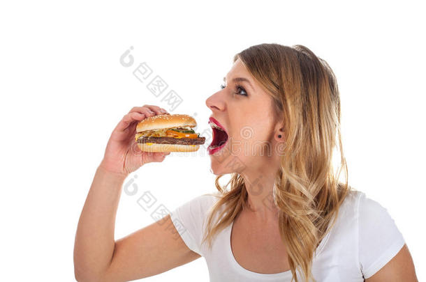 漂亮的女人吃一美味的h一mburger