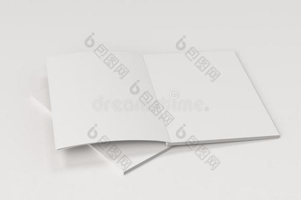 两个空白的白色的敞开的小册子愚弄-在上面向白色的背景