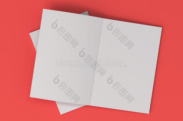 两个空白的白色的敞开的小册子愚弄-在上面向红色的背景