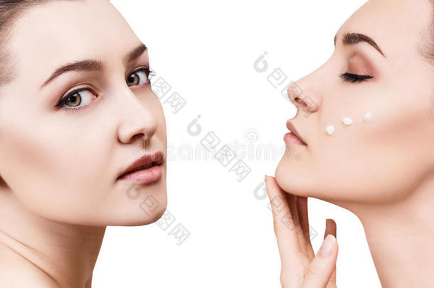 拼贴画关于女人和乳霜落下向脸颊.