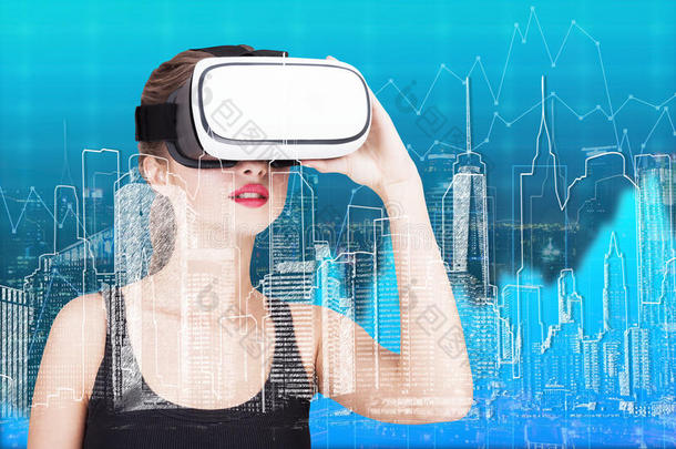 青少年女孩采用VirtualReality虚拟现实眼镜,图表和城市