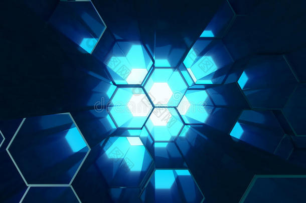 抽象的蓝色关于未来的表面六边形模式,六边形al英语字母表的第8个字母