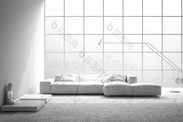 总计的白色的现代的活的和沙发,地毯和大的窗,袖珍型的东西