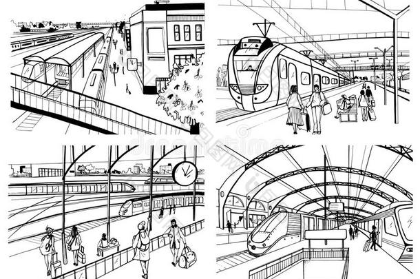 放置关于草图和铁路车站.乘客向台,warmair热空气