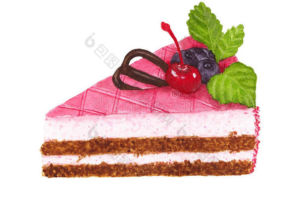 水彩块关于蛋糕和樱桃,越橘的一种,薄荷和巧克力