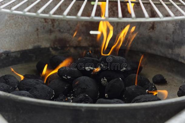 黑的煤团矿向火在下面barbecue吃烤烧肉的野餐网孔