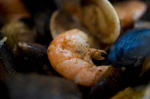 海产食品煮沸和调味品蛤虾,贻贝