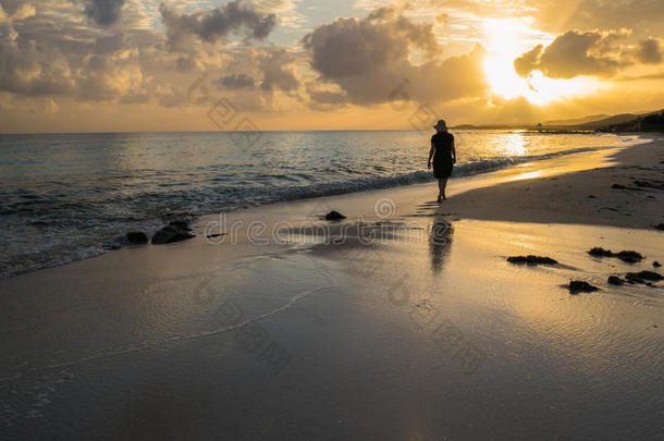 遥远的牙买加人海滩<strong>厚度</strong>显出轮廓的女人步行