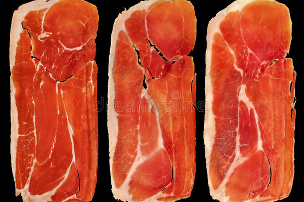 num.三部分关于意大利熏火腿干的干燥的治愈的猪肉火腿隔离的向黑的