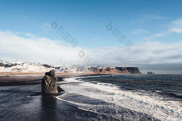 冰岛风景,流行的陆标黑的沙海滩采用ValueinKind现金等价物,冰