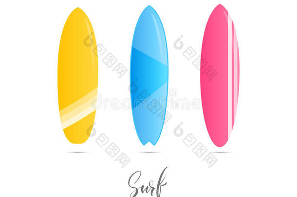 冲浪板隔离的.富有色彩的冲浪运动设备和时髦的帕特
