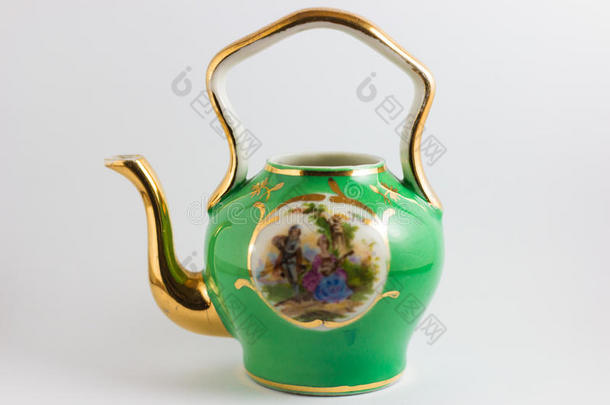 中古的浪漫的绿色的和金<strong>茶壶</strong>