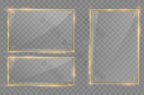 矢量玻璃现代的横幅放置和发光的金色的金属的框架
