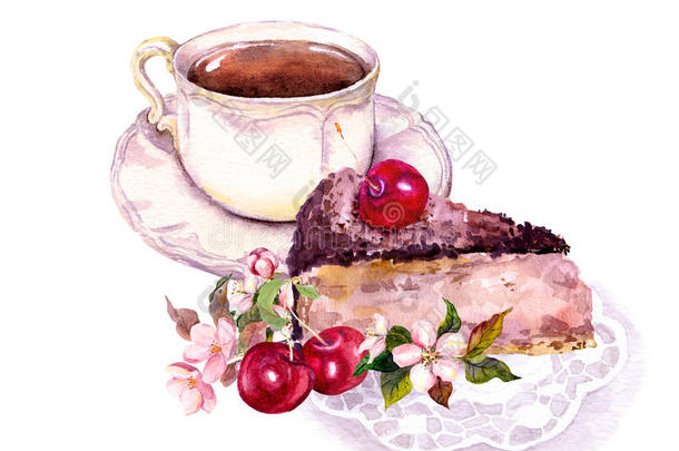 杯子关于c关于fee或茶水,巧克力蛋糕和樱桃成果和流