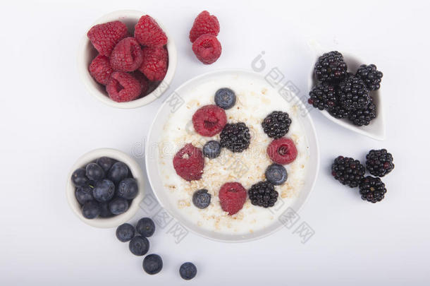 碗关于白色的酸奶和浆果和燕麦小薄片