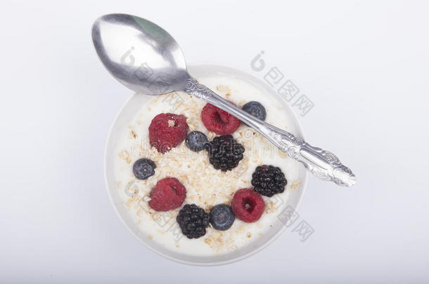 碗关于白色的酸奶和浆果和燕麦小薄片