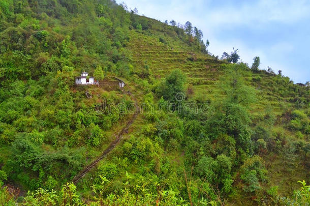 道路向小的庙向小山在近处农业,安纳布尔那山C向servatio