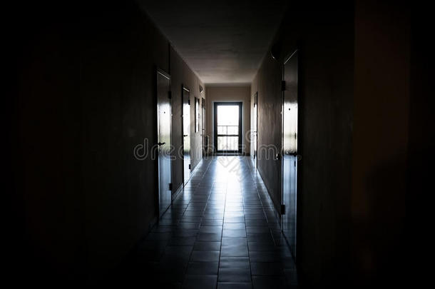 长的黑暗的走廊和门向指已提到的人房间