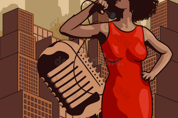 酿酒的海报和城市风光照片,制动火箭女人歌手和月亮.红色的