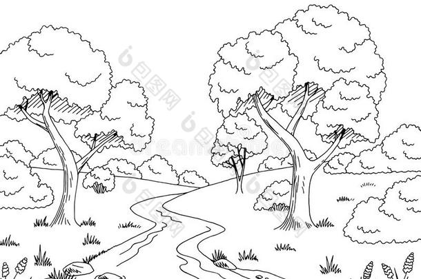 森林河图解的黑的白色的风景草图说明