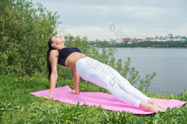 女人做瑜伽气功瑜伽瑜珈的任何一种姿势Purvottan瑜珈的任何一种姿势木板使摆姿势在户外.