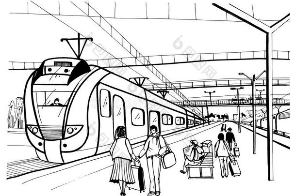 单色画水平的草图和人,乘客等候arrival