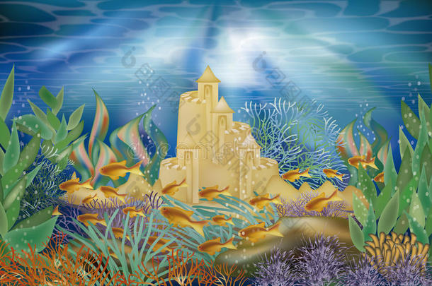 在水中的热带的壁纸和沙城堡