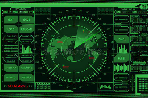 数字的绿色的雷达屏幕和世界地图,对象和未来