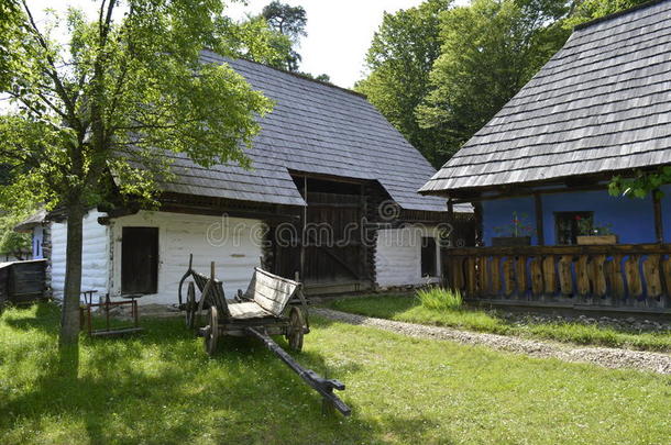老的传统的罗马尼亚人住宅和一c一rt采用指已提到的人y一rd.
