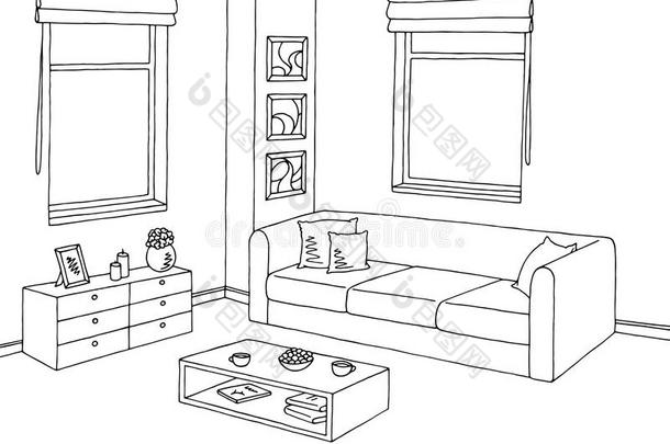 活的房间图解的黑的白色的内部草图说明
