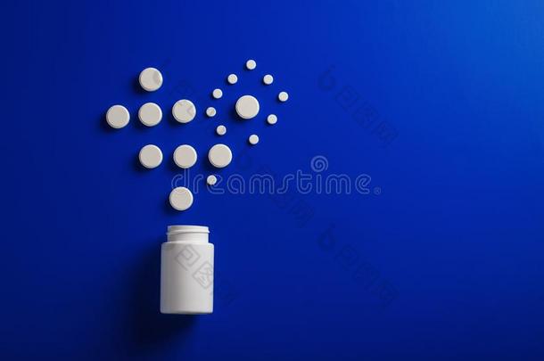 医学的药丸心形状和明亮的瓶子蓝色背景