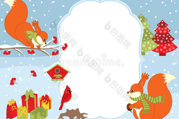 矢量圣诞节和新的年卡片样板和松鼠,卡片