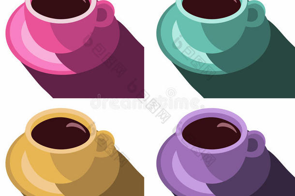 咖啡豆杯子富有色彩的海报.放置咖啡豆马克杯矢量说明