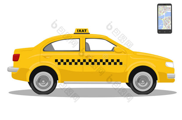 黄色的出租车汽车和智能手机.计算机应用程序为出租车.计算机应用程序lication为smallcalorie卡
