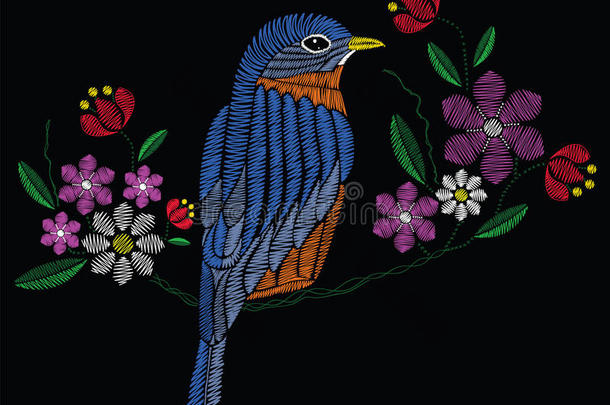 矢量说明刺绣一针和北美洲产的蓝知更鸟野花