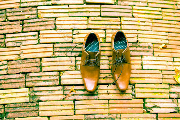 商人棕色的鞋子顶看法向砖背景