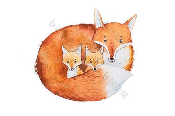 绘画关于漂亮的狐家庭,母亲和两个狐-幼小的兽