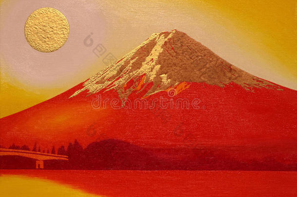 红色的登上紫藤和金太阳从湖`川口`黑色亮漆