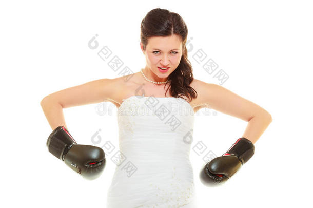 新娘使人疲乏的婚礼衣服和拳击拳击手套